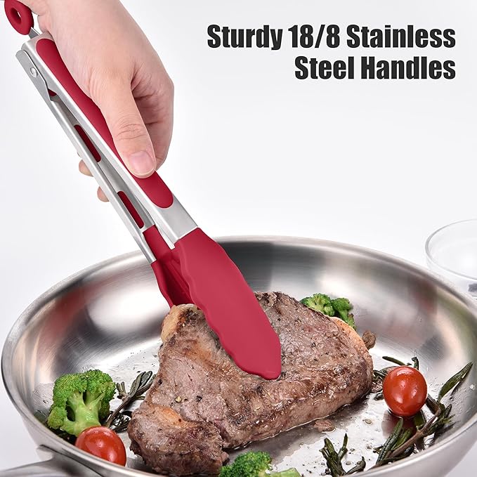 Doosu Kitchen Tongs for Cooking - 600째F Heat Resistant Food Tong with Non-Scratch Silicone Tips, Heavy Duty Stainless Steel Locking Tong for BBQ, Grilling Steak, Serving Salad, Pasta (9in, Red)