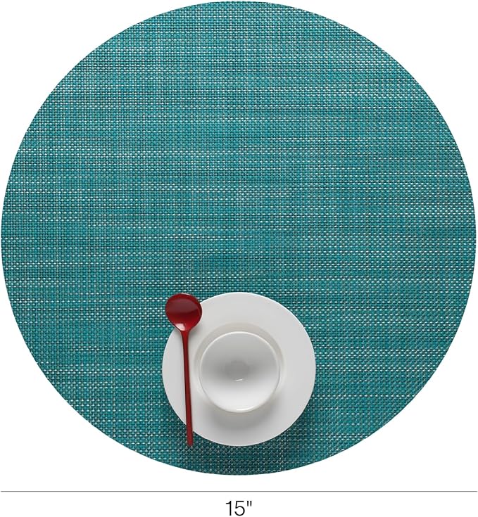 Chilewich Mini Basketweave Placemats in Turquoise - Set of 4 - Easy Care Woven Tabletop Textiles - Indoor/Outdoor - 15" Round