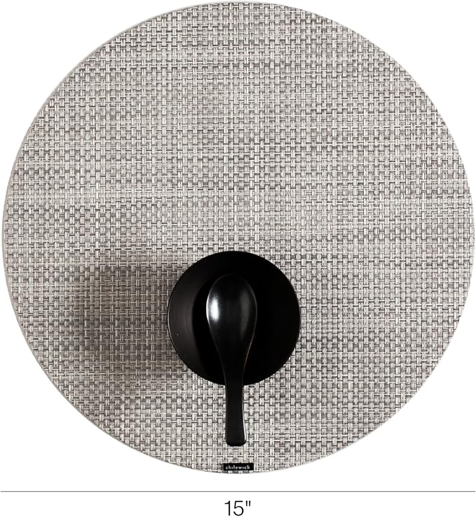 Chilewich Basketweave Placemats in White/Silver - Set of 4 - Easy Care Woven Tabletop Textiles - Indoor/Outdoor - 15" Round