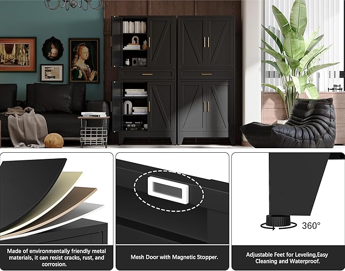 71" H Metal Kitchen Pantry Cabinet with Drawers,Black Kitchen Storage Cabinets with Doors,Tall Pantry Food Storage Cabinets,Large Freestanding Cabinets for Dining Room, Living Room