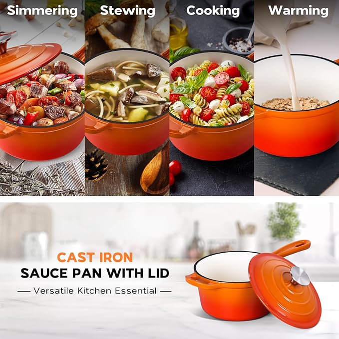 Onader 2 Quart Saucepan with Lid, Enameled Cast Iron Sauce Pan, Small Cooking Sauce Pot, Enamel Dutch Oven Pot Nonstick ??Sunset Orange