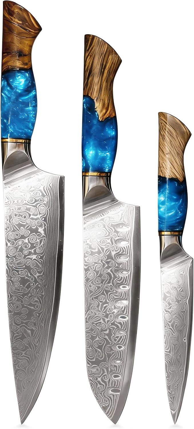 Damascus Kitchen Knife Set, 67-Layer Damascus Steel, 3-Piece Professional Set: 13??Chef, 12.3??Santoku & 9.8??Utility Knife, Ergonomic Wood & Resin Handle, Ideal for Gifting (Blue, 3 pieces)