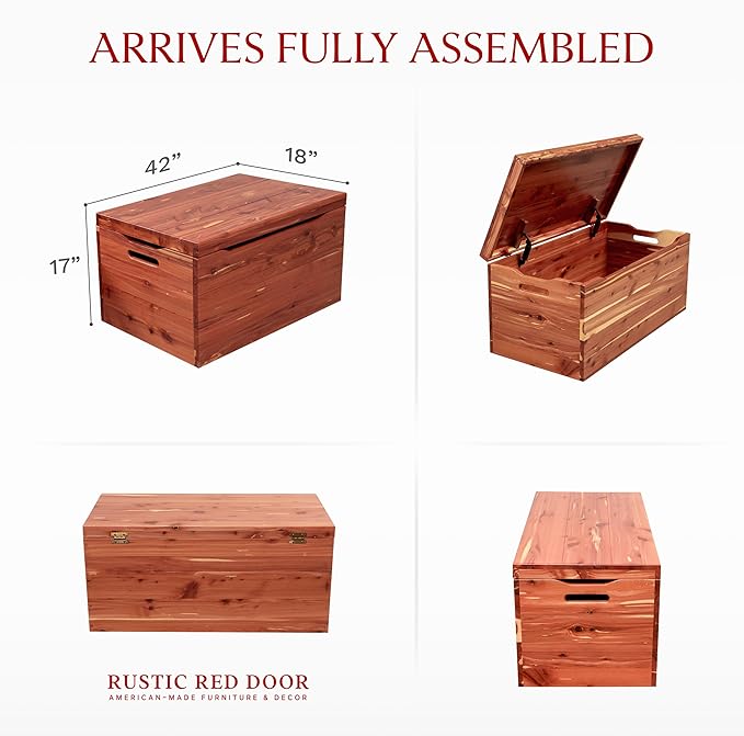 Hope Woodworking Amish Made Wooden Storage Chest Trunk Box with Lid and Handles for Bedroolanket, Clothes, Anti-Slam Hinges, Handmade, Rustic, Cedar Wood, Natural Stain, 42"