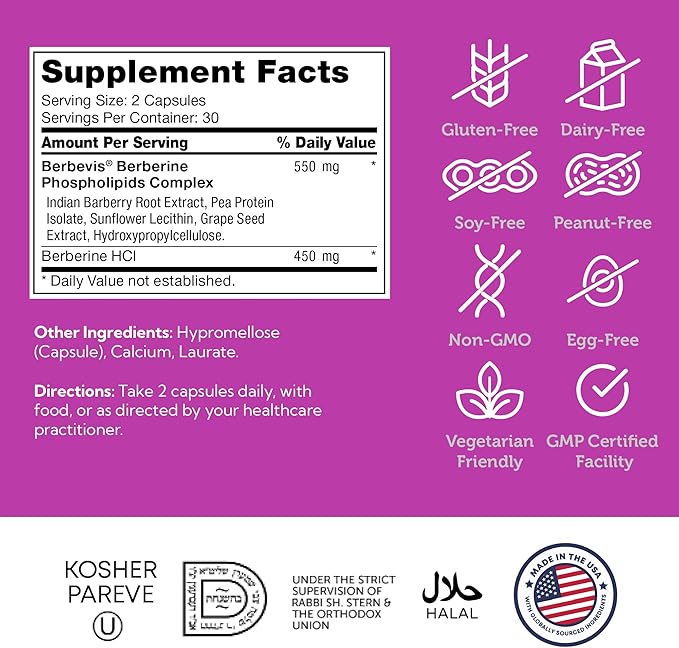 Zahler Berberine with Clinically Evaluated Berbevis, Metabolism and Glucos Support Formula, 60 Capsules.