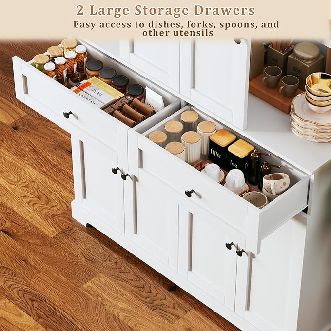 71" Kitchen Pantry Cabinet with 6 Door Shelves, Tall Pantry Storage Cabinet with 8 Doors & 4 Adjustable Shelves, Modern Kitchen Pantry with 2 Large Drawers for Dining Room, Living Room, White