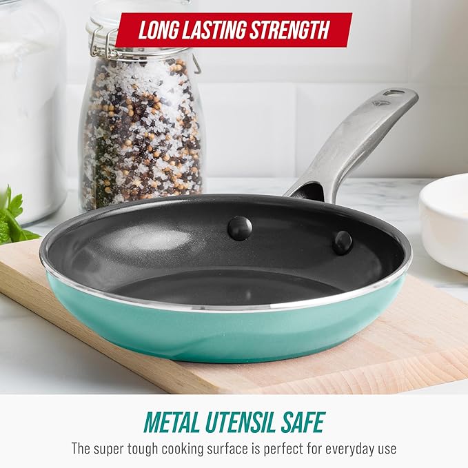 Blue Diamond Frying Pan 8??Skillet, Diamond Infused Healthy Ceramic Nonstick, PFAS and PFOA-Free, Dishwasher and Oven Safe, Even Heating, Metal Utensil Safe, Warp Control Base, Turquoise