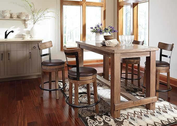Signature Design by Ashley Pinnadel |24.25" Counter-Height Swivel Bar Stool ??Modern Farmhouse, Faux Leather, 360째 Swivel, Nailhead Trim, Rustic Light Brown