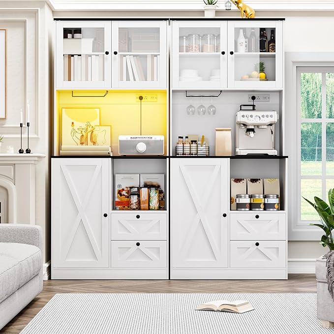 71?섃셁itchen Pantry Storage Cabinet with LED Lights and Power Outlet, Tall Farmhouse Kitchen Hutch with Microwave Stand,Globet Hooks and Adjustable Shelf for Dining Living Room,White