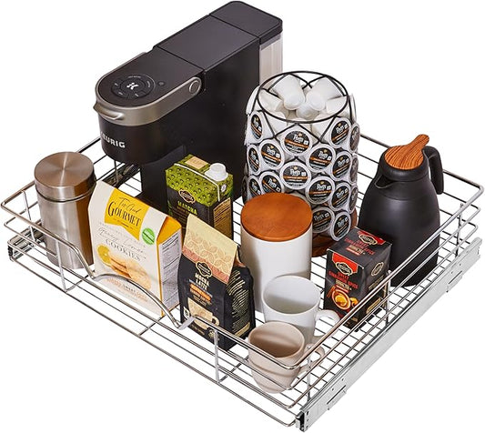HOLDN??STORAGE Heavy-Duty Premium Collection Pull Out Cabinet Organizer, Cabinet Drawer Slide Outs, Lifetime Limited Warranty - Basket Size 24" W x 21" D x 5" H, Anti-Rust Chrome Finish