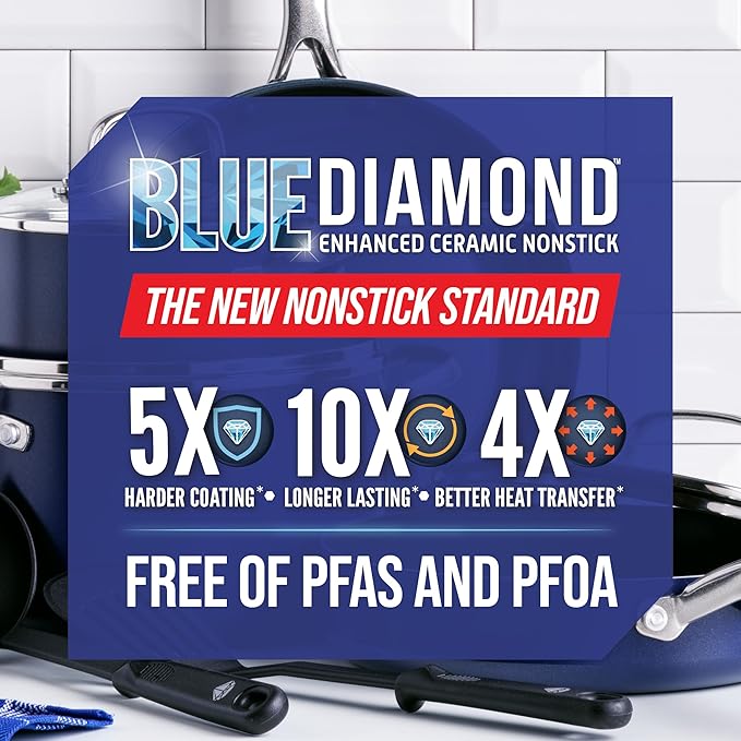 Blue Diamond Frying Pan 8??Skillet, Diamond Infused Healthy Ceramic Nonstick, PFAS and PFOA-Free, Dishwasher and Oven Safe, Even Heating, Metal Utensil Safe, Warp Control Base, Blue (Pack of 4)