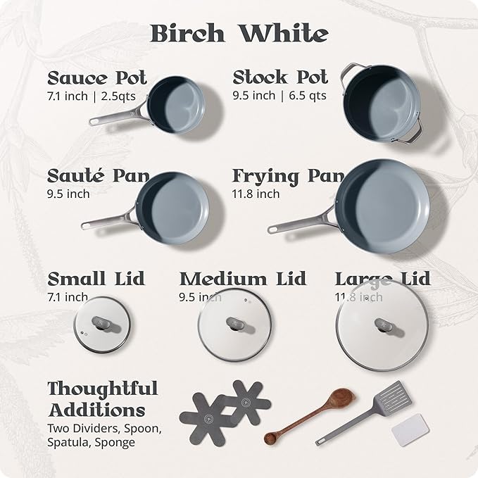 Premium Non-Toxic Ceramic Cookware Set ??Triple-Layer Nonstick 12 Piece Pots and Pans with Lids, PFAS-Free, Oven Safe for Healthy Meals, Space-Saving Design, Birch White Color | Greater Goods