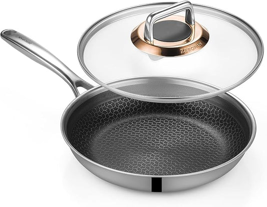 Hybrid Nonstick 12-Inch Frying Pan with Lid,Non stick Frying Pan,PFAS PFOA PTFE Free,Stay-Cool Handle, Dishwasher-Friendly, Oven-Safe Up to 600째F, Induction Ready, Compatible with All Cooktops
