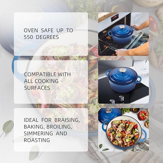 6 Quart Dutch Oven Enameled Cast Iron with Lid - Big Dual Handles - Oven Safe up to 500째F - Classic Round Pot for Versatile Cooking (Blue, 6 QT)