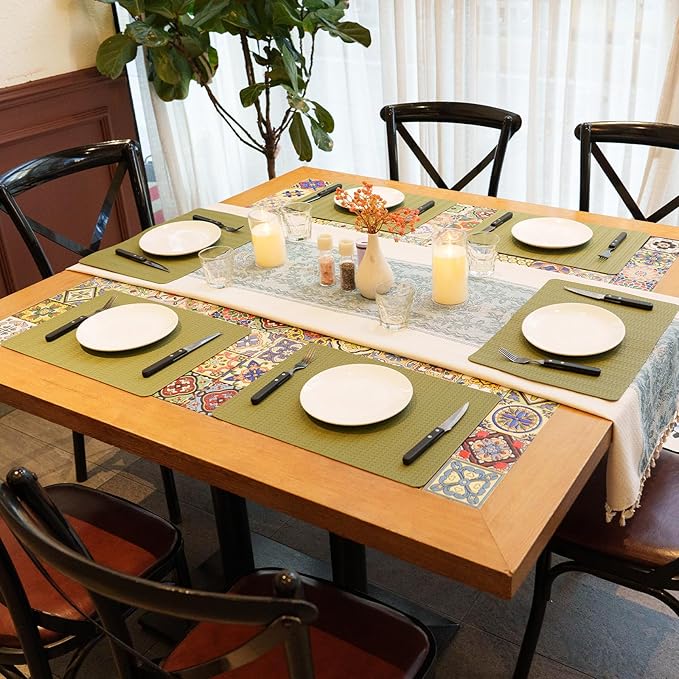 PROMATTOO Faux Leather Placemats Set of 6 – 17x12 Inch Vinyl Table Mats, Heat Resistant, Non Slip, Wipeable & Washable, Easy to Clean Dining Table Decor for Kitchen & Dining Room（Olive Green）