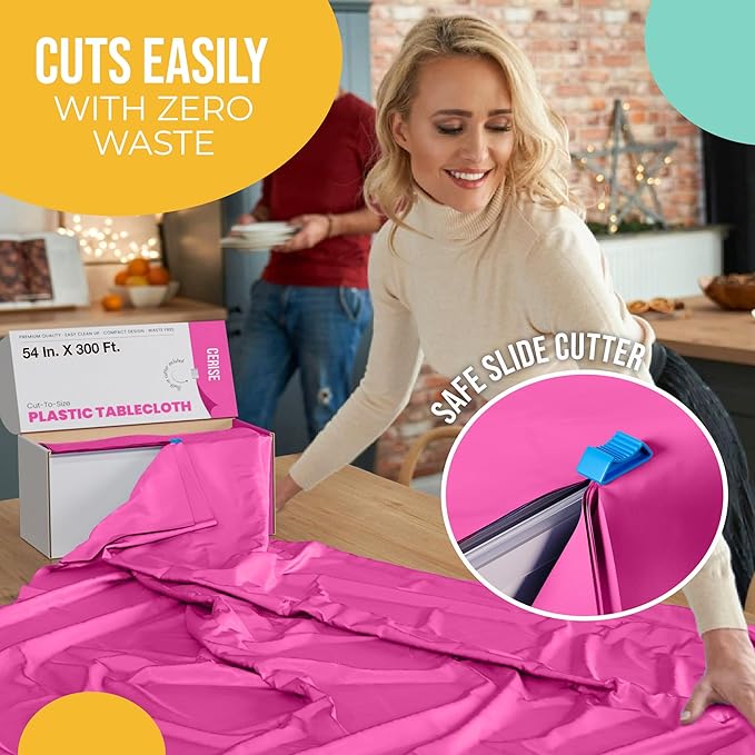Party Solids 54 Inch X 300 Feet Cerise Plastic Table Cover Roll in A Cut - to - Size Box with Convenient Slide Cutter. Cuts Up to 36 Rectangle 8 Feet Plastic Disposable Tablecloths