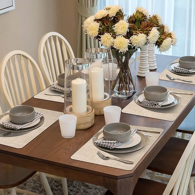 Maxpearl Faux Leather Placemats Set of 6 - Waterproof - Wipe Clean - Heat Resistant - Anti Slip Dining Table Place Mats, Suitable for Indoor & Outdoor Use, 17?쇺쇒?2?쇺? Beige