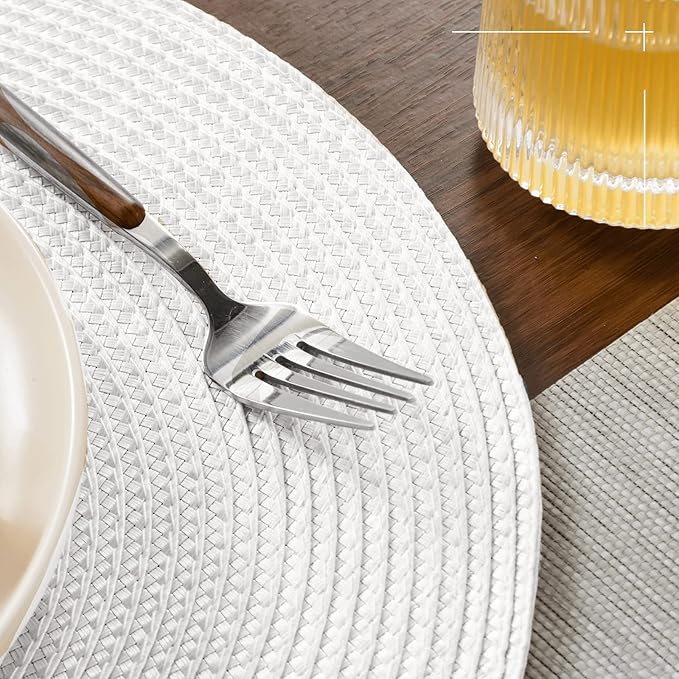 FunWheat Round Braided Placemats Set of 6 Table Mats for Dining Tables Woven Washable Non-Slip Place mats 15 inch(White, 6pcs)