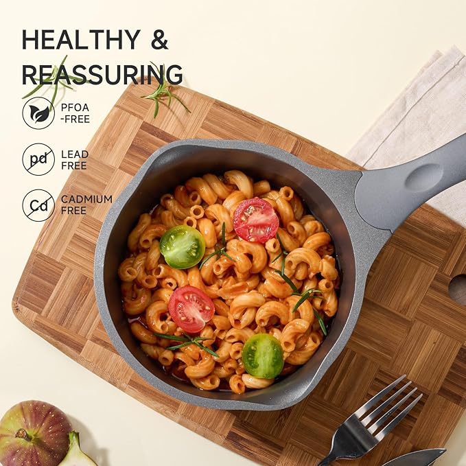 JEETEE Ceramic Sauce Pan with Lid, 1.5 QT Titanium Non Stick Cooking Pot for Home Kitchen, Suitable for Induction, Non Toxic, PFOA/PFAS Free (Gray)