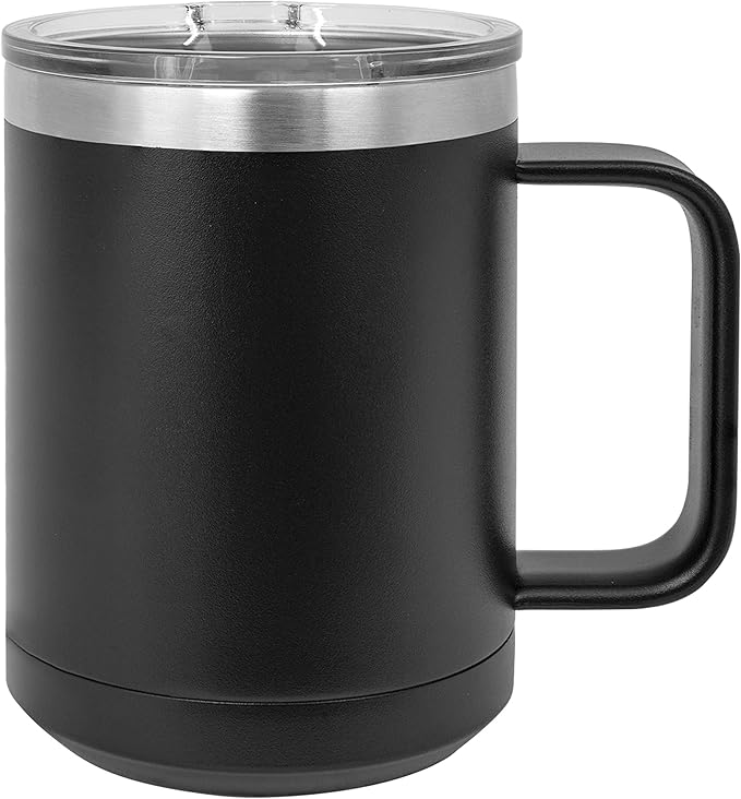 Clear Water Home Goods - (Bulk Pack of 12-15 oz Double Wall Coffee Mug with Lid and Handle, Double Insulated Stainless Steel Travel Tumbler Cup - Powder Coated - Black