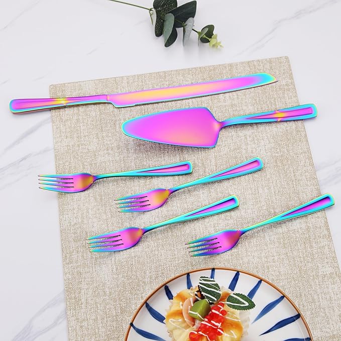 GoGeiLi Rainbow Cake Knife and Server Set with Forks, 6 Pieces Stainless Steel Cake Cutting Set, Colorful Wedding Cake Cutter Set including 4 Salad Forks, Dishwasher Safe
