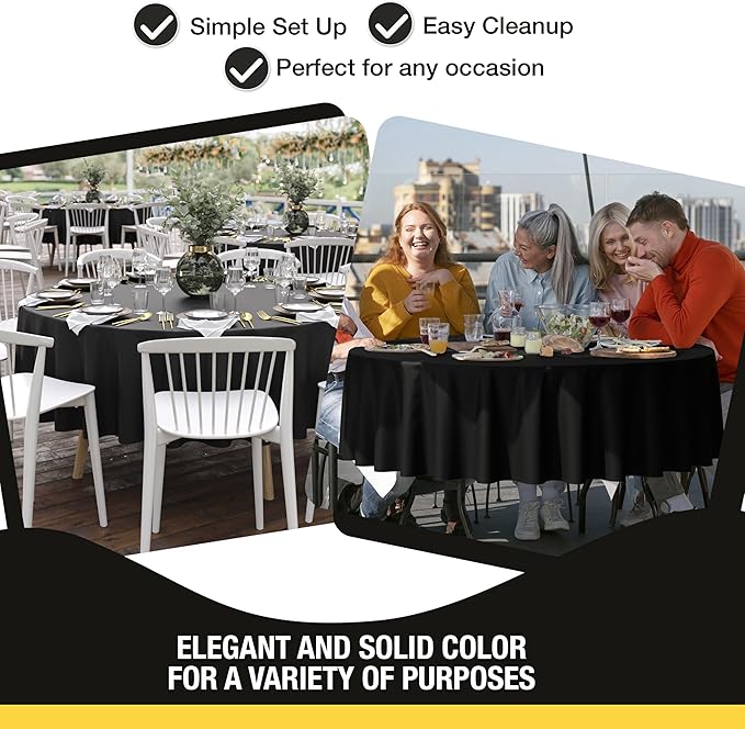 Party Solids 12-Pack Black Round Plastic Tablecloth Disposable ??Size: 90 Inches ??Round Plastic Table Cloths for Parties, Picnics & Formal Events