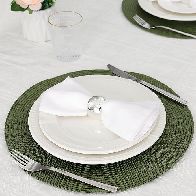 HODJOY Placemat, Round Placemat for Dining Table, Washable Woven Placemats for Christmas, 15 inch, Set of 6, Olive