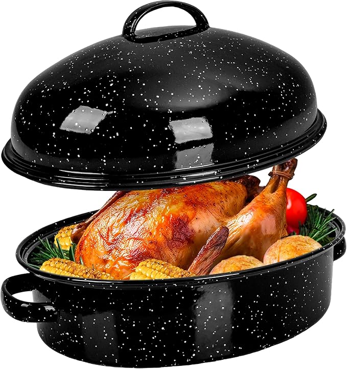 Roasting Pan with Lid & Rack 18 Inch Extra Large Deep Oven Baking Pot, Enamel Granite NonStick Oval Carbon Steel Potato Roaster Pot for Turkey Chicken Ham Steak NonToxic Perfect for Christmas Gift