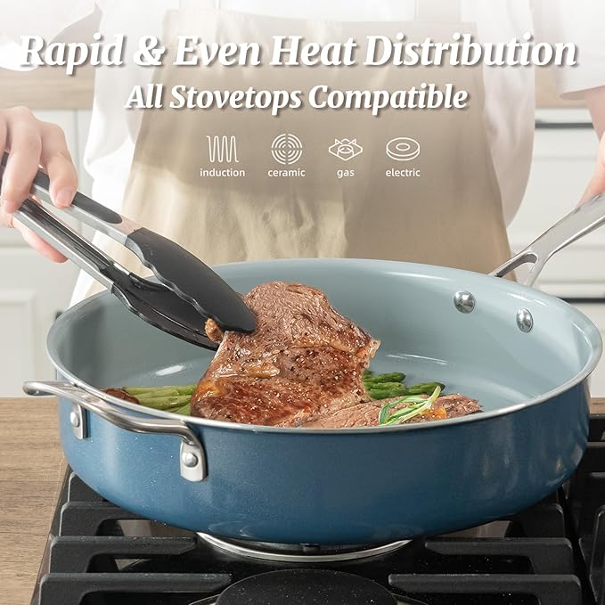 Nonstick Saut챕 Pan with Lid 5 QT Deep Frying Pan with Stainless Steel Helper Handle 12 inch Large Skillet Ceramic Jumbo Cooker for Healthy Cooking, Induction Compatible Cookware, PFOA Free