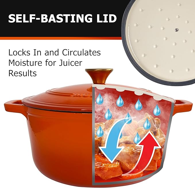 MUELLER HOME 6 Quart Enameled Cast Iron Dutch Oven for Bread Baking, Heavy-Duty Oven-Safe up to 500째 F, & Across All Cooktops, House Warming Gifts New Home, Cast Iron Cookware, Gifts for Women, Orange