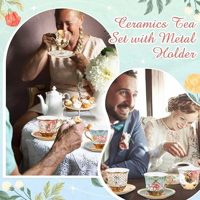 Set of 12 Tea Cups and Saucers Tea Party Decorations Floral Porcelain 7.4 oz British Gift for Women Birthday Party, Church, and Mother's Day (Stylish Style)