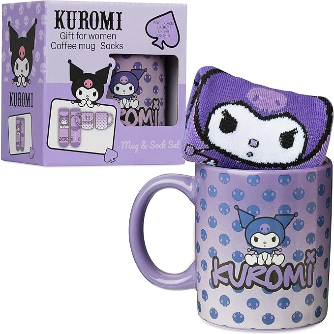 Get Trend Kuromi Sanrio Coffee Mug, Socks Set, 11.5 oz Ceramic Cup with Crew Socks, Kawaii Drinkware Christmas, Secret Santa Gifts for Women (Purple Kuromi)