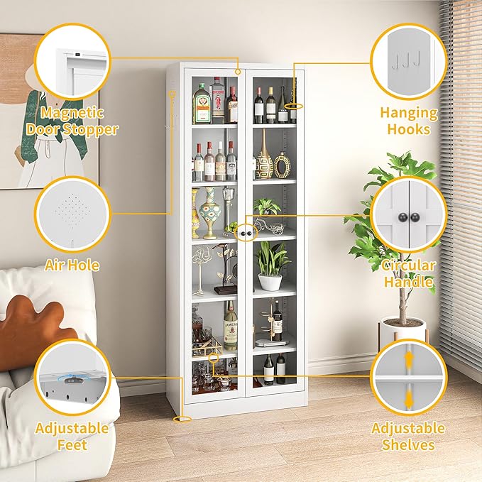Kitchen Pantry Cabinet, 72" Tall Pantry Storage Cabinet with Adjustable Shelves and Glass Doors, Metal Storage Cabinets with Handle for Living Room, Kitchen, Assemble Required (White)
