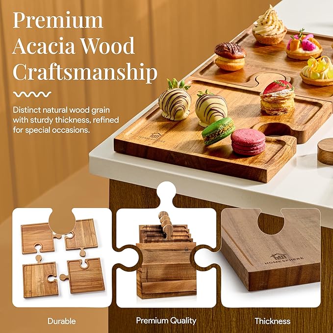 Wooden Charcuterie Boards, Appetizer Tray for Parties & Cutting Board with Handle, Set of 4, Acacia Wood Board, Wine Gifts, Wine Accessories, Interlocking Puzzle Serving Tray w/Storage Box