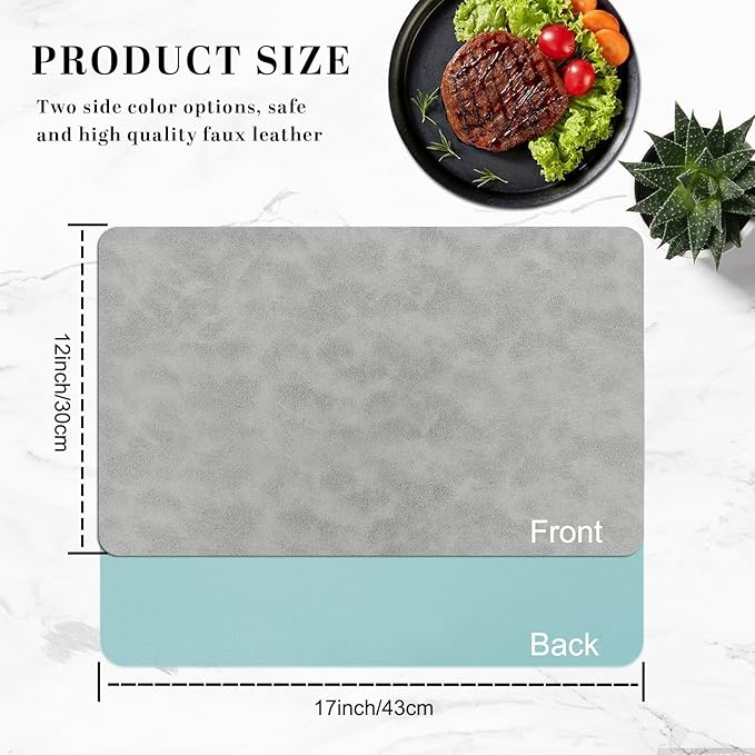 BLESWIN Faux Leather Placemats, PU Dining Table, Waterproof and Oil Resistant Easy to Clean, Heat Resistant Reversible Use Table Mats for Kitchen, Dining Table, Outdoor ??12 횞 17 Inch, Light Grey&Blue