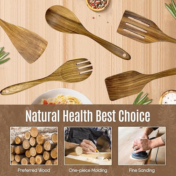 Wooden Utensil Set for Cooking, 5 Pcs Acacia Wood Spatulas for Kitchen use, Non Stick Wooden Kitchen Utensil Set of 5 including Spatula, Spoon, Slotted Turner