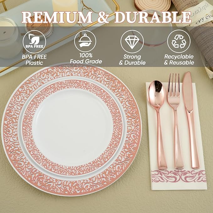 FOCUSLINE 350 Ct Rose Gold Dinnerware Set for 50 Guests, Rose Gold Lace Plastic Plates Disposable Heavy Duty, Including 50 Dinner & Dessert Plates, Cups, Napkins, Cutlery Set