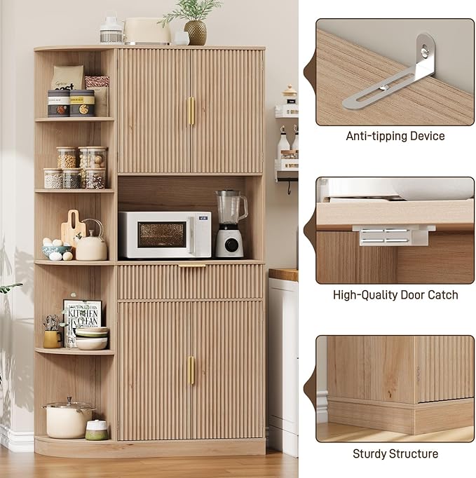 Vabches Kitchen Pantry Cabinet with 5 Side-Opening Storage cabinets, Pull Out Drawers, 2 Fluted Doors and Adjustable Shelves, Wood Hutch Cabinet with Storage for Kitchen, Dining Room and Living Room