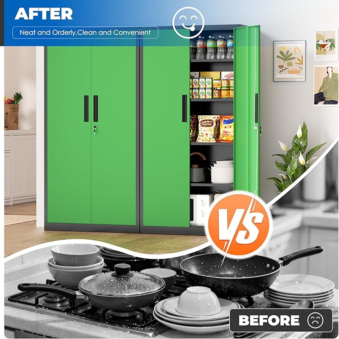 INTERGRAET 63" Tall Pantry Cabinet,Kitchen Pantry Storage Cabinets with 2 Doors and 4 Shelves,Black Green Metal Storage Cabinet,Cupboard for Home,Kitchen,Living Room/Dining