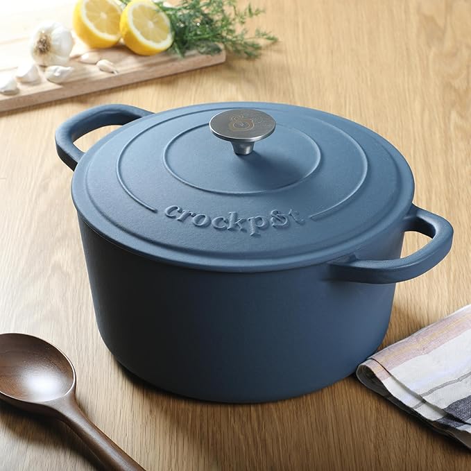 Crock-Pot Artisan 5-Quart Round European Enameled Cast Iron Dutch Oven with Lid ??Matte Navy Blue, Durable Oven Safe Cookware
