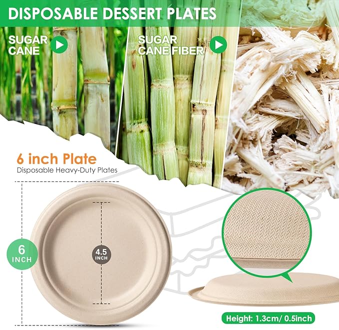 Small Compostable Paper Plates 6 Inch 125 Pack, 100% Compostable Dessert Plates Disposable Eco-Friendly Unbleached Biodegradable Plate Bagasse Natural