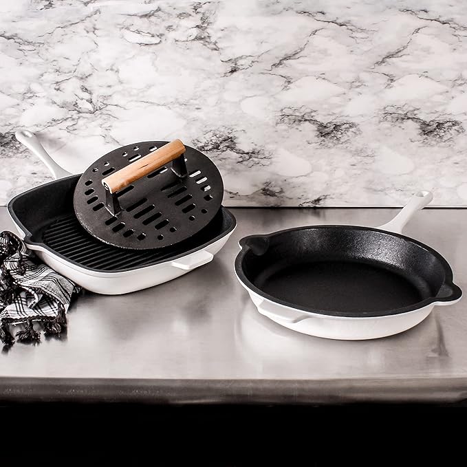 BergHOFF Neo 3Pc Enameled Cast Iron Cookware Set, Fry Pan 10 inches, Grill Pan 11 inches, Slotted Steak Press, Fast, Evenly Heat, Oven safe (White)