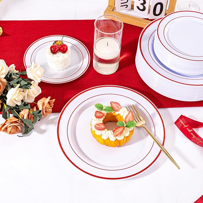 U-QE 100pcs Glitter Red Plastic Plates for Party - White and Red Plates Disposable - Nice Disposable Plates Include 50 10" Dinner and 50 7" Dessert Plate, Perfect for Party, Wedding & Special Moments