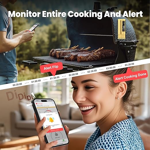 BBQOVN Smart Wireless Meat Thermometer,WiFi Unlimited Range Sub-1G (10X Stronger Than Bluetooth) 7 NIST-Certified Sensors 짹0.5째F Accuracy with Smart Base for BBQ, Grill, Smoker & Oven(1, Black)