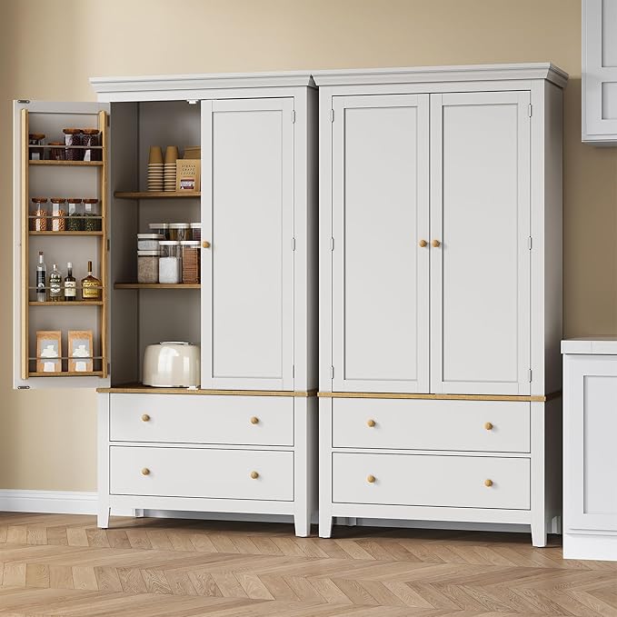 RoyalCraft 70'' Tall Kitchen Pantry Cabinet, Large Storage Cabinet with 8 Door Shelves, White Kitchen Cabinet with 2 Drawers & Adjustable Shelves for Dining Room, Living Room, Laundry