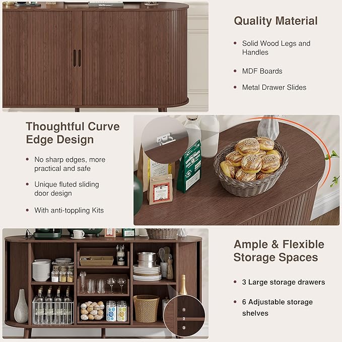 59" Sideboard Buffet Cabinet ,Storage Cabinet with with Charging Station & Drawers & Sliding Door & Adjustable Shelves, Modern Accent Coffee Bar Console Table for Kitchen Entryway, Living Room, Walnut
