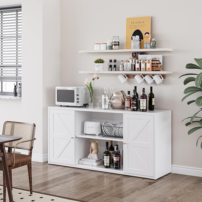 Metal TV Stand for 65 Inch TV, Farmhouse TV Entertainment Center with Storage Cabinets and Adjustable Shelves, Modern Media TV Console Table, TV Cabinet for Living Room, White