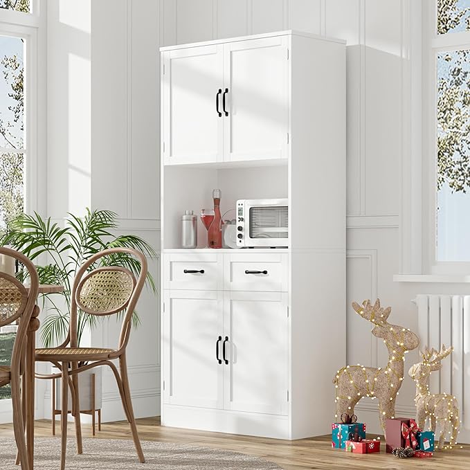 HOSTACK 71??Tall Kitchen Pantry Storage Cabinet, Modern Kitchen Hutch Bar Cabinet with Microwave Stand, Wood Buffet Sideboard with Hutch, Cupboard with Drawers, Shelves for Dining Room, White