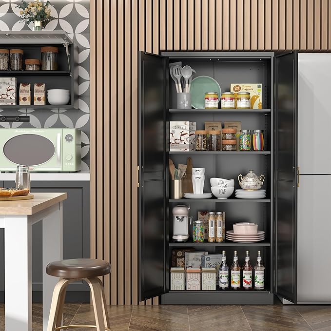 Kitchen Pantry Cabinet,71?쒫lack Metal Pantry Storage Cabinet with Doors and 4 Adjustable Shelves,Kitchen Cabinet with 2 Gold Handles,Tall Cabinet for Livingroom,Pantry, Bathroom