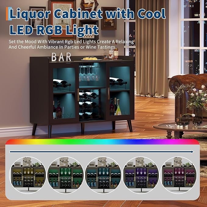 Wine Bar Cabinet with LED Lights, 47 Inch Freestanding Sideboard Buffet with Wine Rack & Glass Holder, Multi-Functional Storage Cabinet for Dining Room Living Room Kitchen, Black