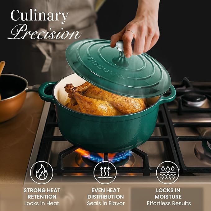 Nuovva Enamelled Cast Iron Dutch Oven Pot with Lid ??6.4 Quart Non Stick Casserole Pot ??Heavy Duty & Oven Safe up to 500째 F for Bread Baking, Braising, Stews, Roasting ??28cm Dark Green